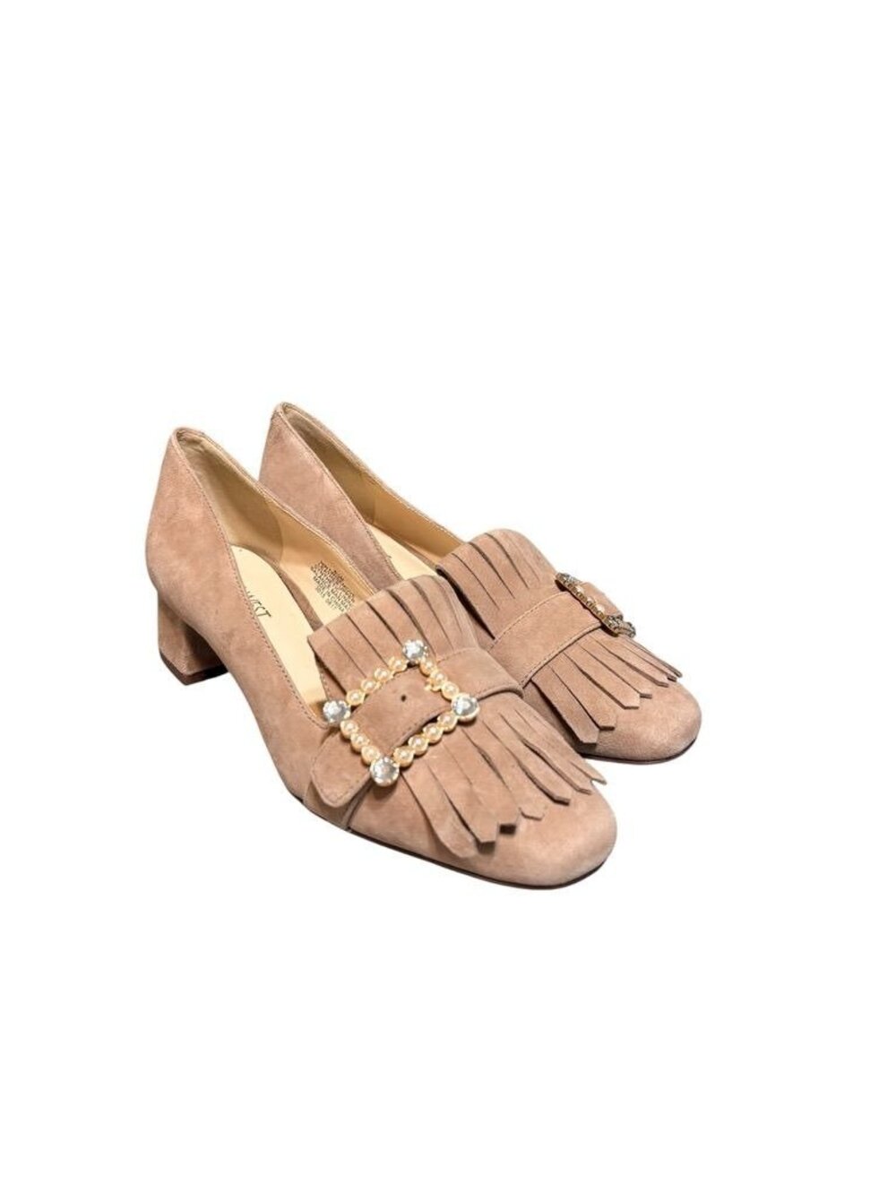 NEW Suede Fringe Pump Pearl Buckle 6.5 Tan Suede Block Heel NWOB Classic Preppy - Picture 6 of 8